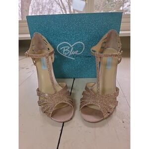 Betsey Johnson Blue Champagne Gold Glitter T-Strap Strappy Heels Women 10 In Box